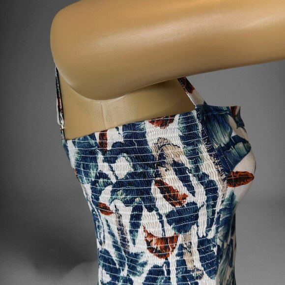 Robin K Sheath Mini Dress Medium White Blue Linen-Cotton Lined Wide Straps Leave - Picture 6 of 16